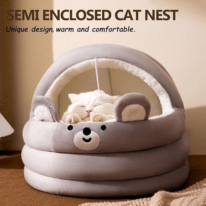 Cat Bed for Indoor Cats, Dog Bed with Anti-Slip Bottom, Rabbit-Shaped Cat/Small Dog Cave with Hanging Toy, Puppy Beds with Removable Cotton Pad, Super Soft Calming Pet Sofa Bed (Gray, Large)