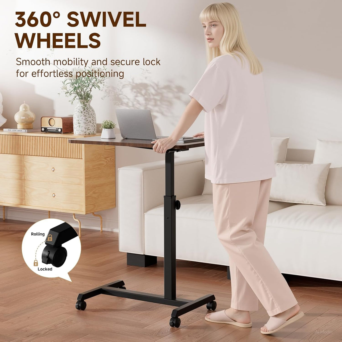COMHOMA Adjustable Overbed Bedside Table with Lockable Wheels, Foldable Mobile Rolling Laptop Desk, Height Adjustable Standing Desk Bed Table for Hospital and Home Use, Walnut