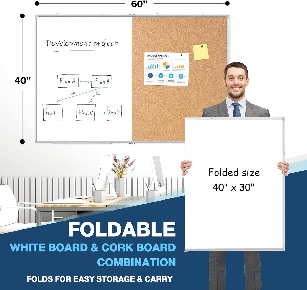 Large White Board Dry Erase Foldable Cork Board Combo 60x40 for Wall