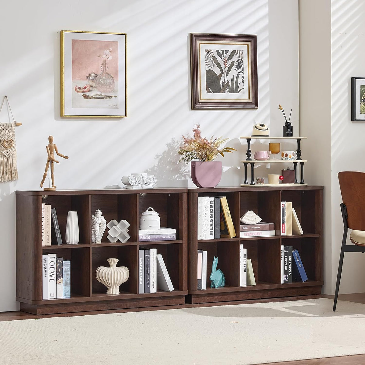 Joaxswe 6 Cube Bookcase, 40" Wide Low Horizontal Book Shelf w/Curved Edge, Wood Floor Standing 2-Tier Bookshelf with Base, Modern Short Storage Organizer for Bedroom,Office, Walnut