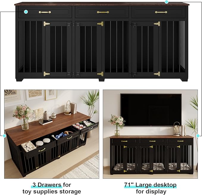 Dog Crate Furniture - Indoor Wooden Dog Kennel with 2 Dividers, 3 Drawers, and 3 Lockable Doors, 72"x23.6"x31.5"H, Black