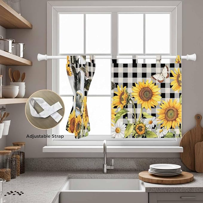 Retro Sunflowers Kitchen Curtains 24 Inch Length, Small Window Curtains Tab Top
