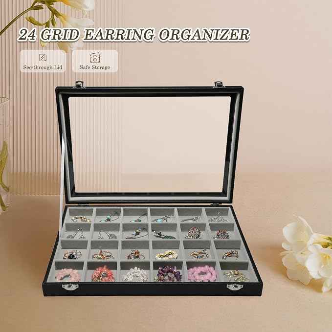 Stratalife Earring Organizer Velvet Jewelry Organizer Box 24 Grid Earring Tray