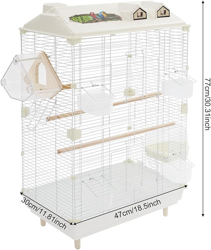 30Inch Bird Cage with Perches, Small Flight Cage with Detachable Tray 2 Tiers Iron Birdcage Freestanding Parrot Cage White for Small Medium Birds