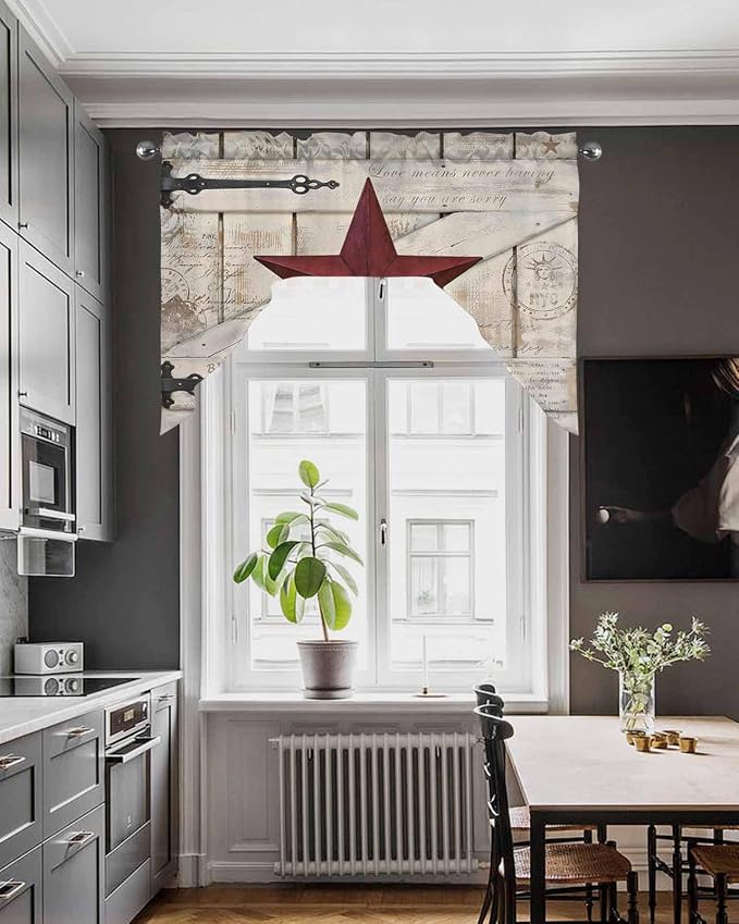 Village Stars Swag Kitchen Curtains Valance and Tier Set, Vintage Dark Red Star