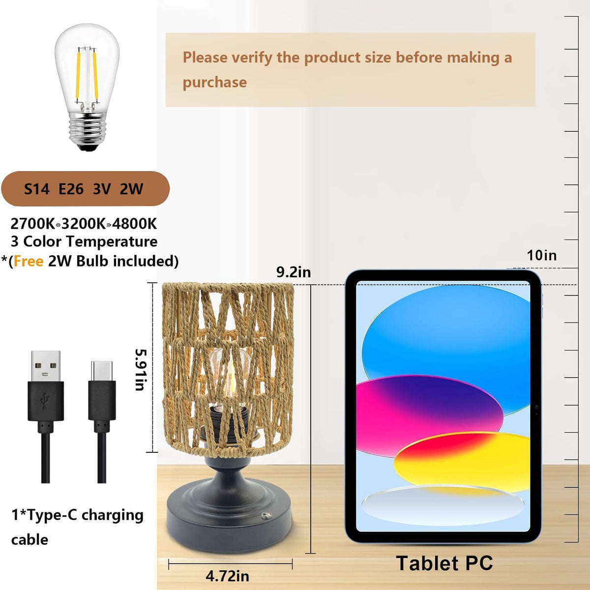 Set of 2 Cordless Rechargeable Table Lamps Night Light Desk Lamp