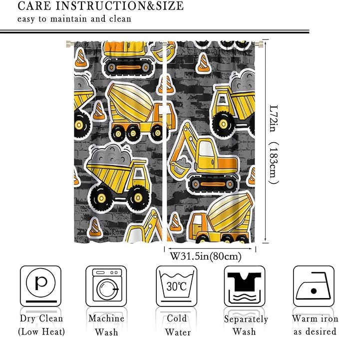 Kids Construction Excavator Window Curtains