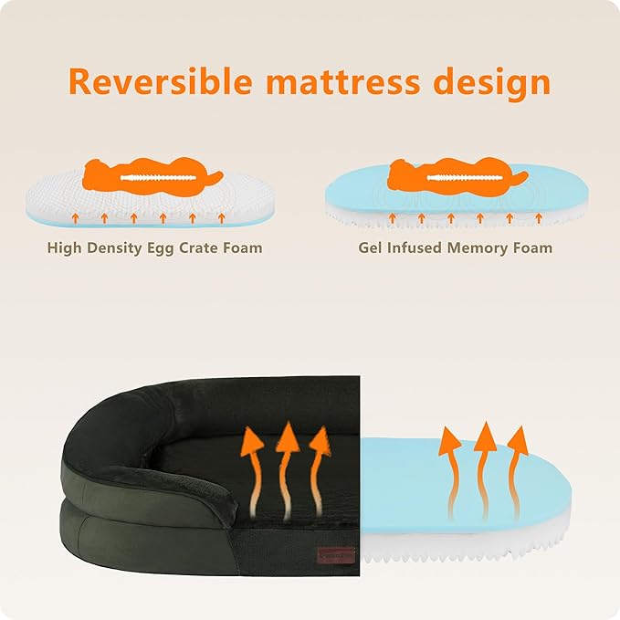 Dwanton Orthopedic Dog Bed for Large Dogs with Gel Memory Foam, Waterproof Dog Sofa, Washable Pet Bed with Four Sided Bolster Cushion, Removable Cover & Non-Slip Bottom, 42", Green