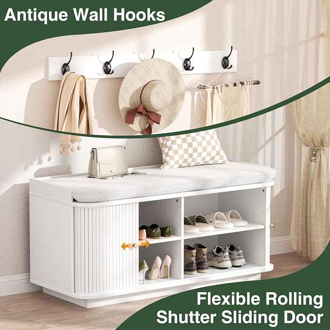 Hall Tree with Bench and Shoe Storage, Entryway Bench with Sliding Door Cabinet