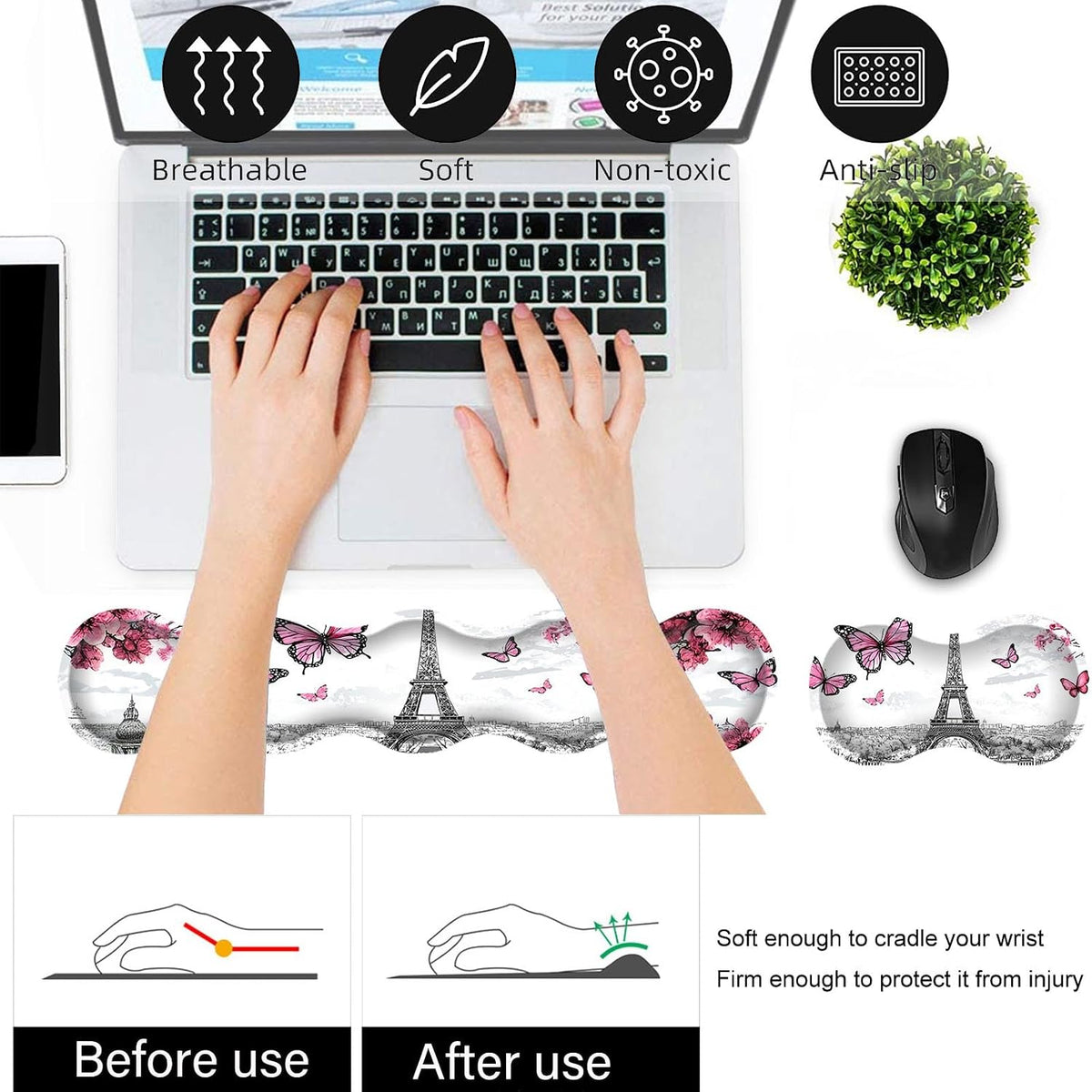 Bxgolkgd Desk Mat Set,Mouse Pad with Keyboard Wrist Rest & Mouse Wrist Rest,Wave-Shaped Design,Non-Slip Rubber Base,Ergonomic Desk Mat for Home,Office,Gaming,Butterfly Eiffel Tower