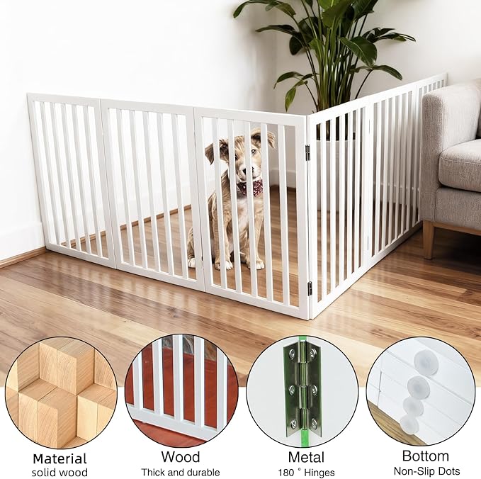 ZJSF Freestanding Indoor Dog Gate for House Foldable Wood White Puppy Gate for Doorways Pet Gate for Stairs Extra Wide Pet Fence 32" Height 6 Panels