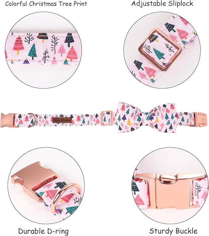 Christmas Dog Collar, Pink Christmas Tree Soft Comfortable Collars with Bow Adjustable Pet Collar with Premium Metal Buckle Dog Necklace for X-Large Girl Dogs