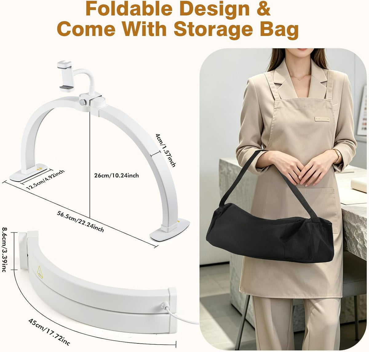 Half Moon Light for Nail Desk, 23" Foldable Arch LED Desk Lamp with Phone Holder, 3 Color Modes & 10 Brightness Levels, 364 LEDs 4700LM CRI≥90, Shadow-Free Manicure Lamp for Salon & Home (White)
