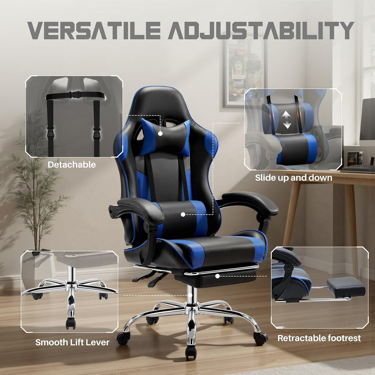 DUMOS Ergonomic Gaming Chair with Footrest, Home Office Desk Chair