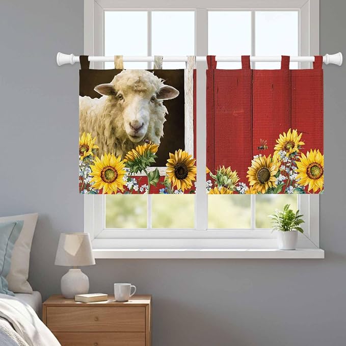 Sheep Flowers Kitchen Curtains 36 Inch Length, Small Window Curtains Tab Top