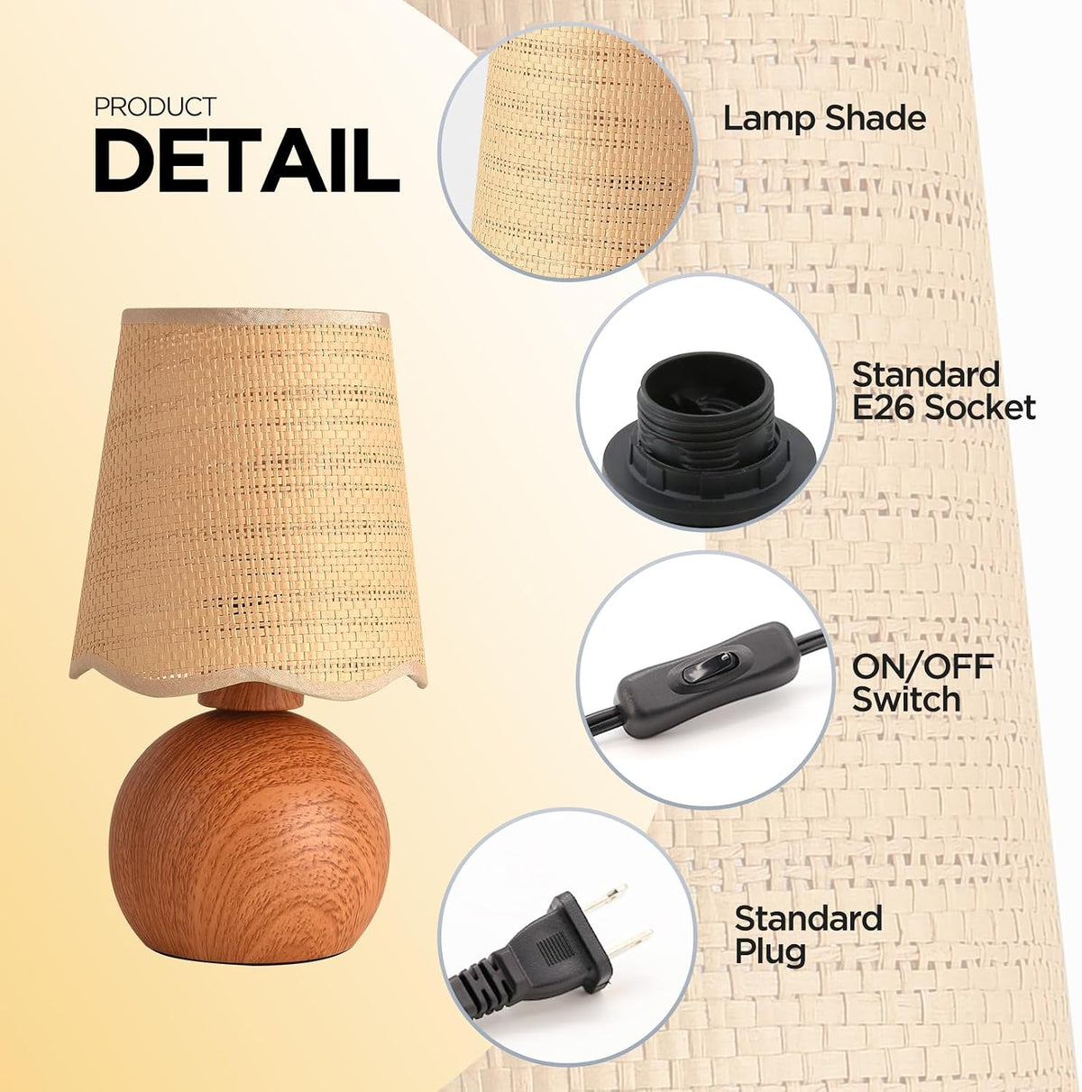 Minimalist Rattan Table Lamp, 11' Height, Woven Lampshade & E26 Socket Metal Base (Brown)