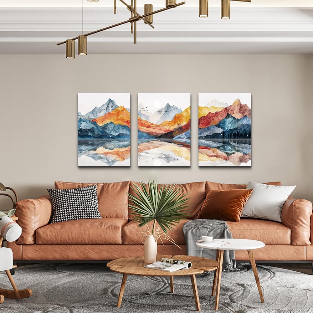 TTHYUEWS Large Abstract Canvas Wall Art - 3 Piece Mountain Landscapes Wall Paintings for Bedroom, Living Room, Office Decor