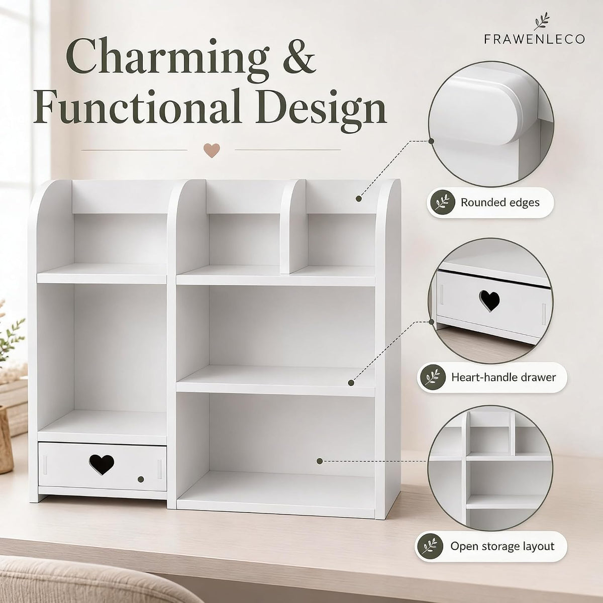 White Heart Drawer Bookshelf, Desktop Organizer with 3-Tier Heart-Shaped Drawers, Thickened PVC Storage Shelf for Desk, Office, Dorm