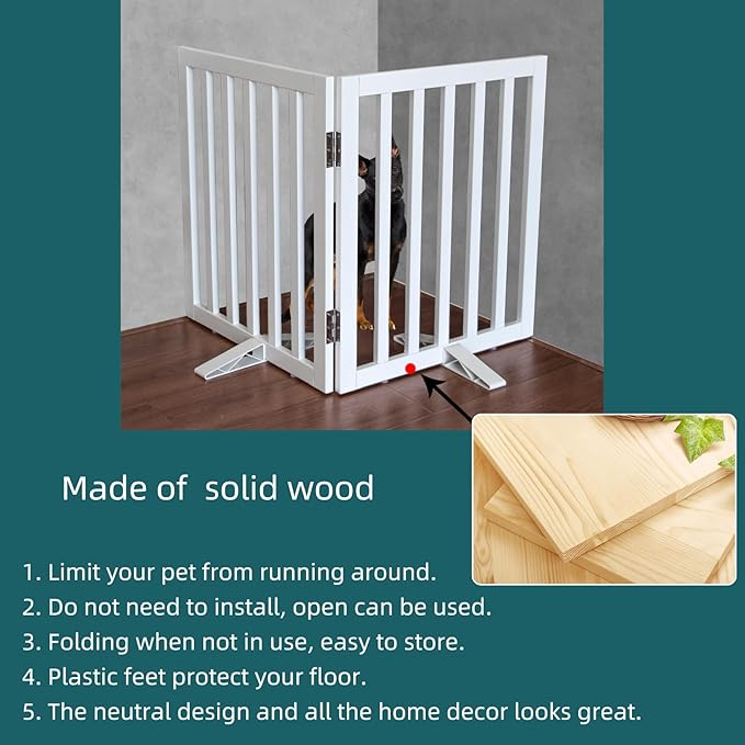 ZJSF Freestanding Indoor Dog Gate for House Foldable Wood White Puppy Gate for Doorways Pet Gate for Stairs Extra Wide Pet Fence 24" Height 2 Panels
