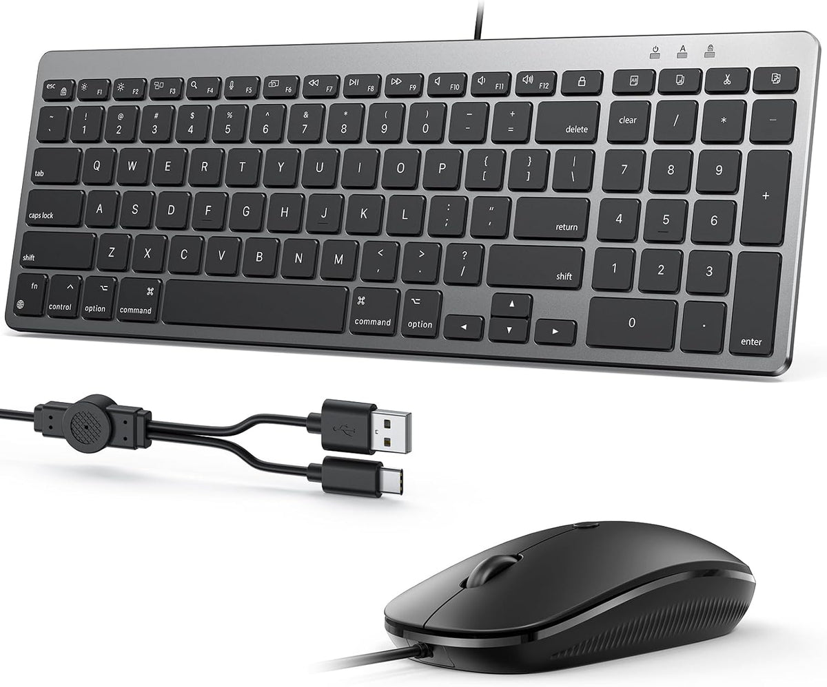 OMOTON Keyboard and Mouse for Mac, Wired USB-C & USB-A, Zero Setup, Grey