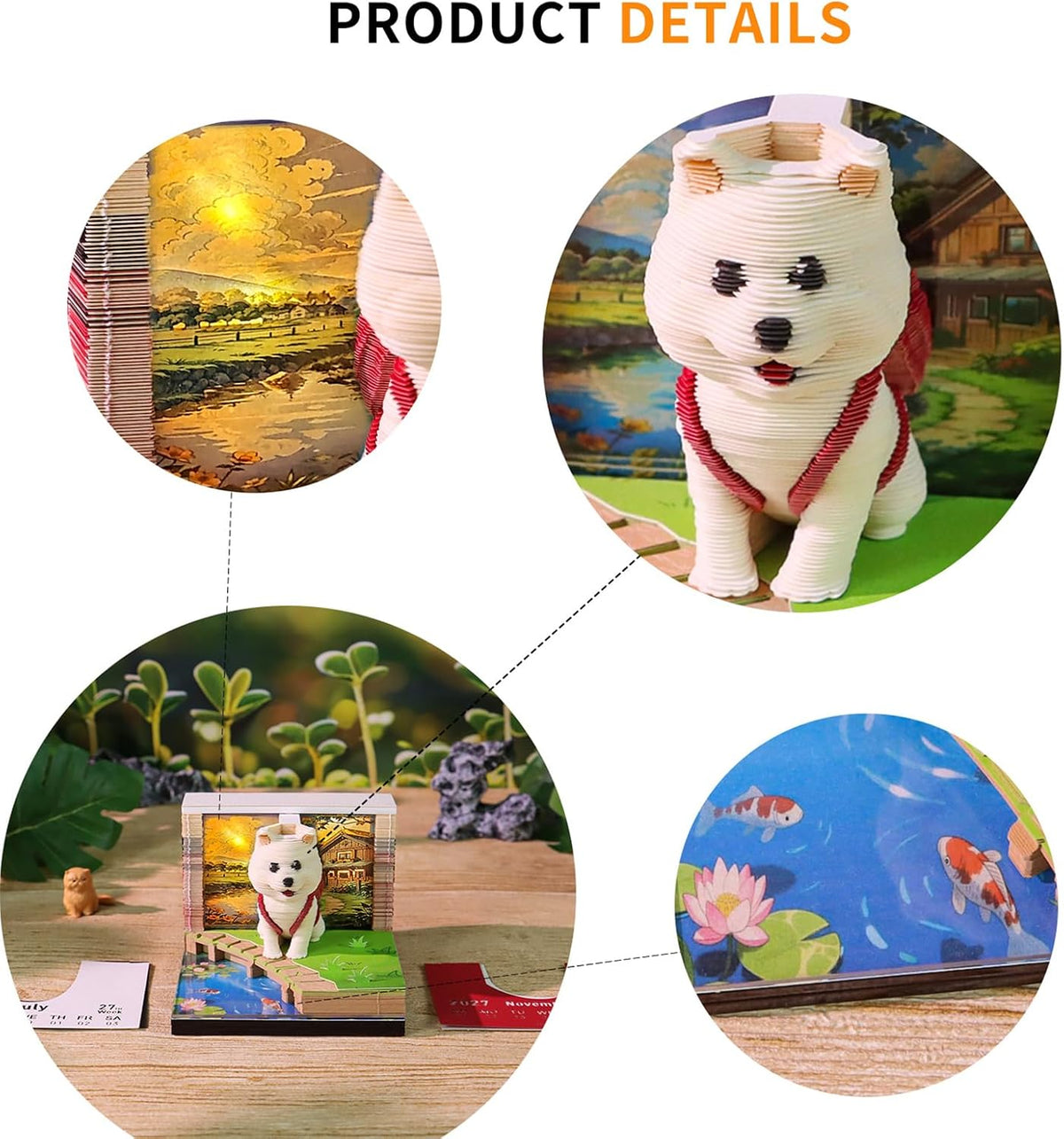 3D Calendar 2027, Desk Time Piece Calendar 2027,Tear-Away 3D Paper Art Notepad w LED Lights,Creative 3D Memo Artsy Pad Calendars, DIY Paper Carving Gift (Backpack Dog)