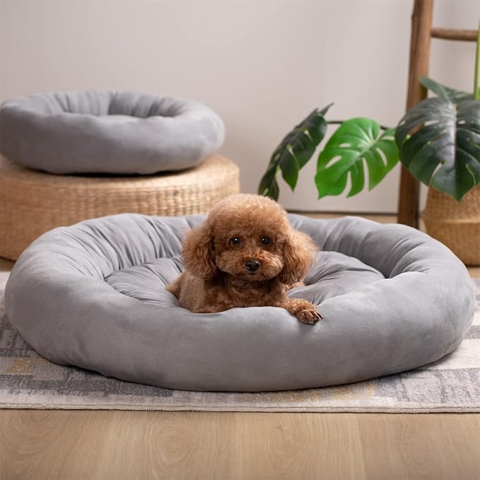 KASENTEX Dog Bed, Round Dog Beds for Medium/Large Dogs, Donut Dog Bed and Cat Bed Anti Slip & Machine Washable - Grey 27x27 Inches