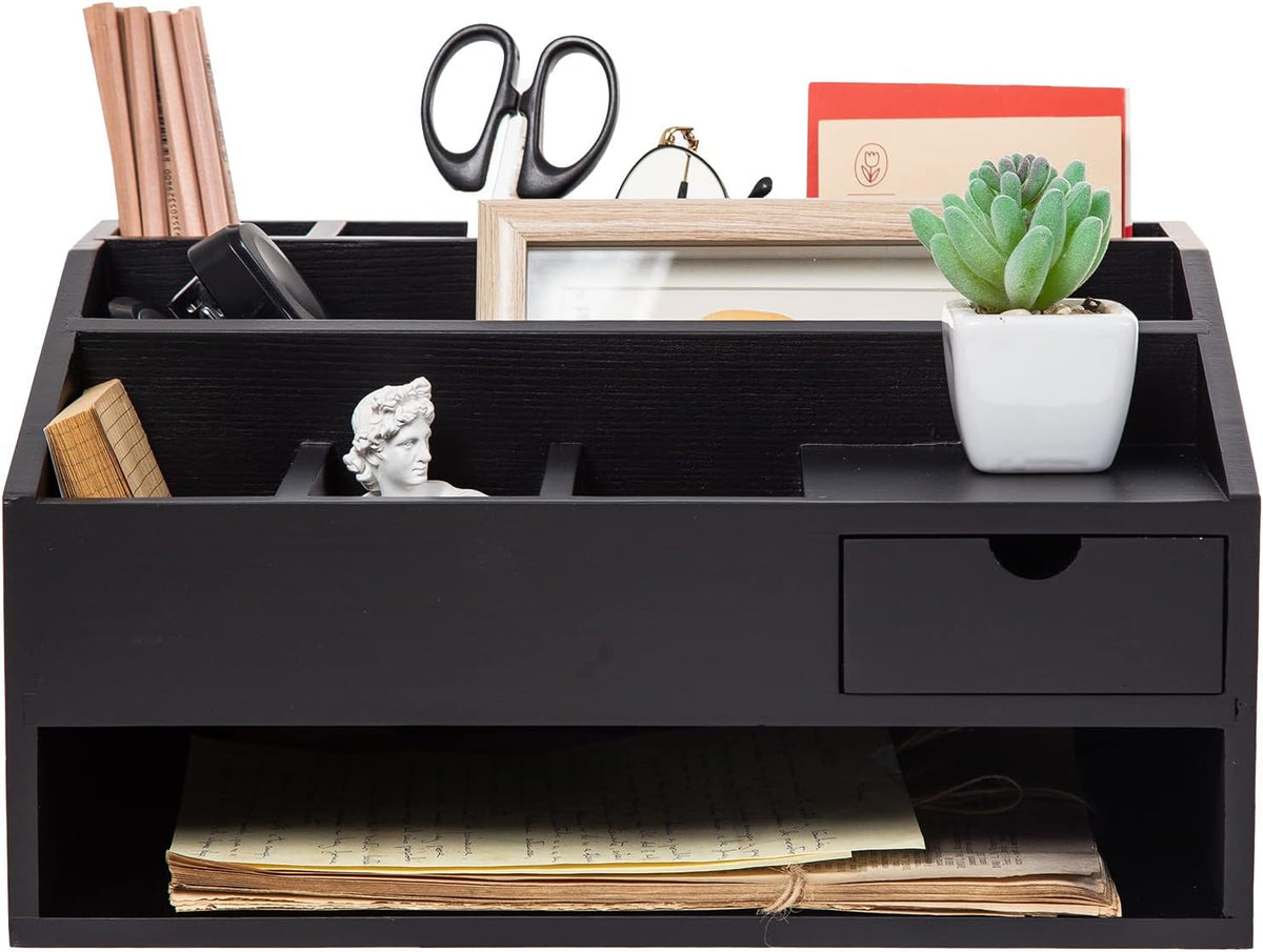 Wood Desk Drawer Organizers with File Organizer Pen holder Office Decor combo for Desk Organization Home can arrange office supplies such as calculators scissors pens note papers, etc. (black)