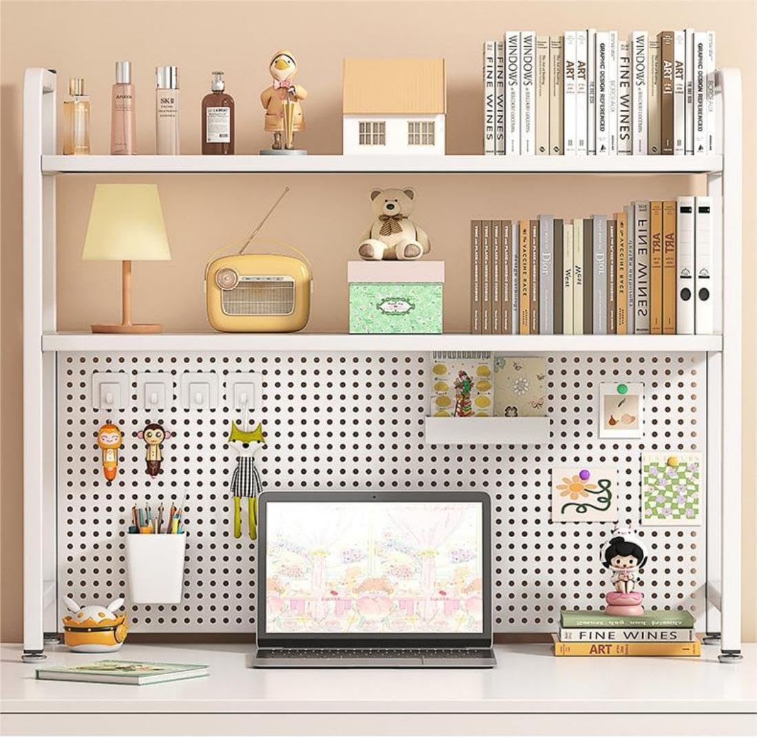 2 Tiers Freestanding Desk Bookshelf, 38 Inch Desktop Bookcase Display Shelf Rack Modern Desk Shelf Organizer Desk Storage Organizer White for Living Room Bedroom Study Office School
