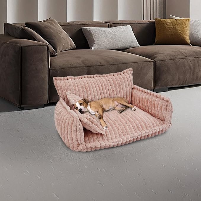 Pet Couch Calming Bed, Pet Couch with Removable Washable Cover, Plush Pets Sofa for Indoor Use, Supportive Orthopedic Dog Bed (Pink)