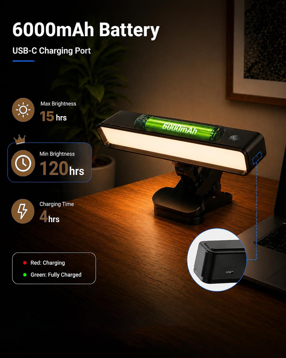6000mAh Rechargeable Clip on Light, LED Reading Light for Bed/Desk, 3 Color Modes & Stepless Dimming, Portable Clamp Lamp with 360 Degree Adjustment, Battery Operated Work Light for Home Office, Black