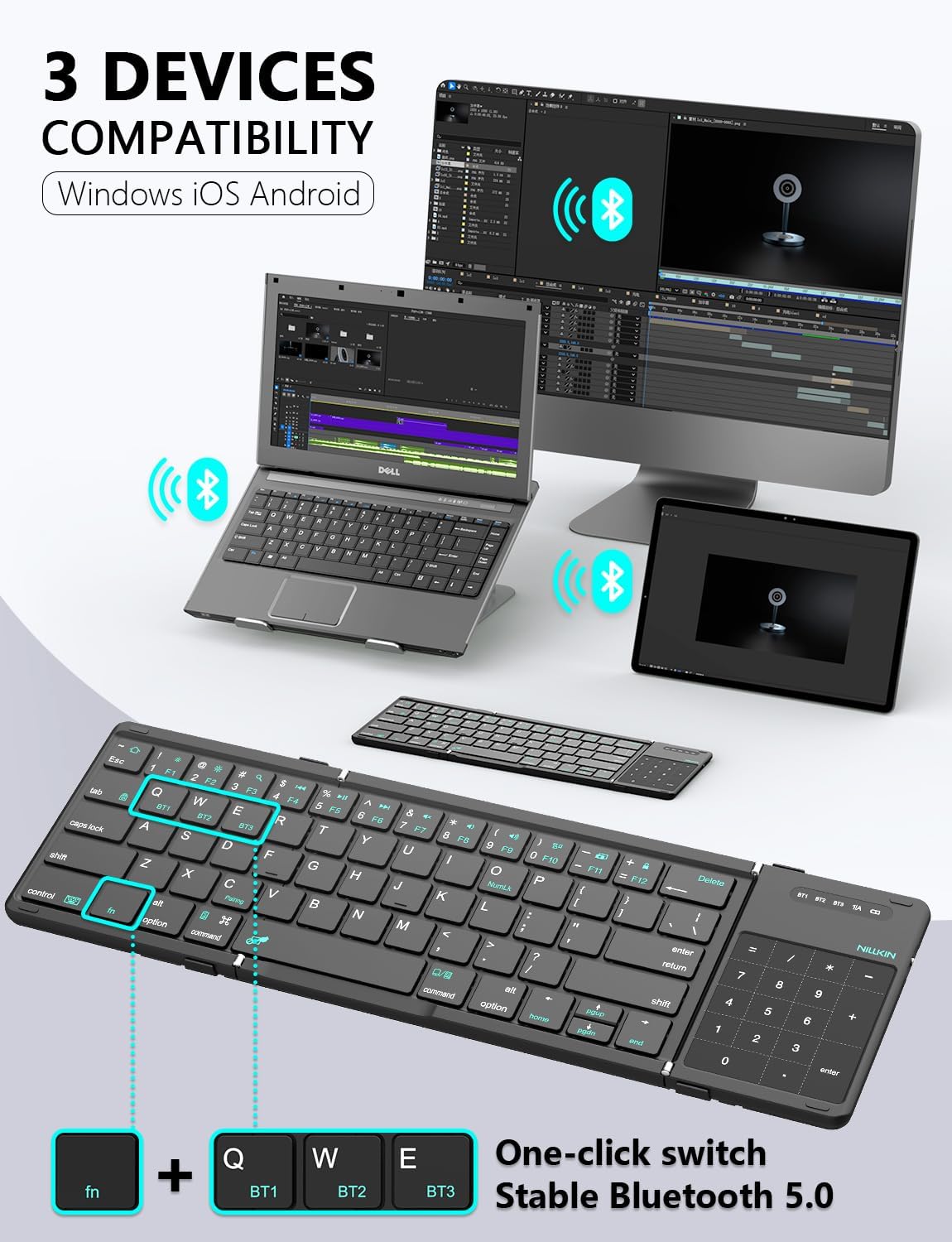 Nillkin Bluetooth 5.0 Foldable Keyboard with Trackpad & Numpad Black