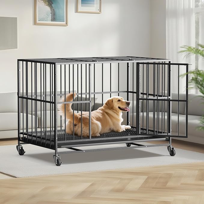 42 Inch Heavy Duty Dog Crate Steel Escape Proof,Indoor Double Door High Anxiety Cage, Removable Tray, Kennel with Wheels,XL XXL