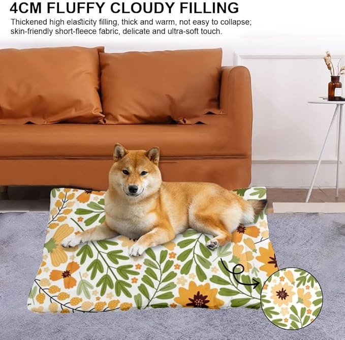 Natural Yellow Floral Green Dog Bed Furniture Crate Mat for Dogs Dog Bed Crate Pad Washable for Washable Non-Slip Cage Small Size Dogbed Mat Cushions Indoor Outdoor 36X24 Inch