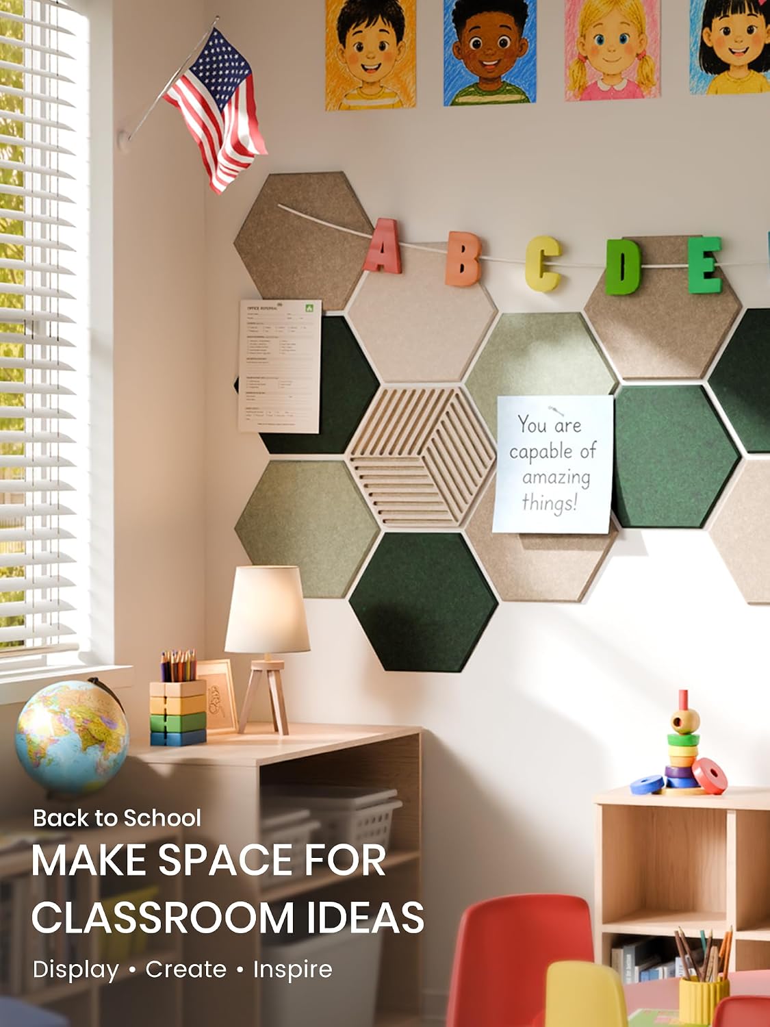 Fluxynara 12-Pack Hexagon Felt Bulletin Board Tiles, Nordic Moss