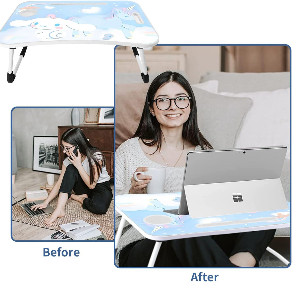 Kawaii Laptop Desk Foldable Kawaii Bed Desk Table Cute Folding Breakfast Tray Portable Lap Standing Desk Notebook Stand Reading Holder for Bed/Couch/Sofa/Floor (Blue)