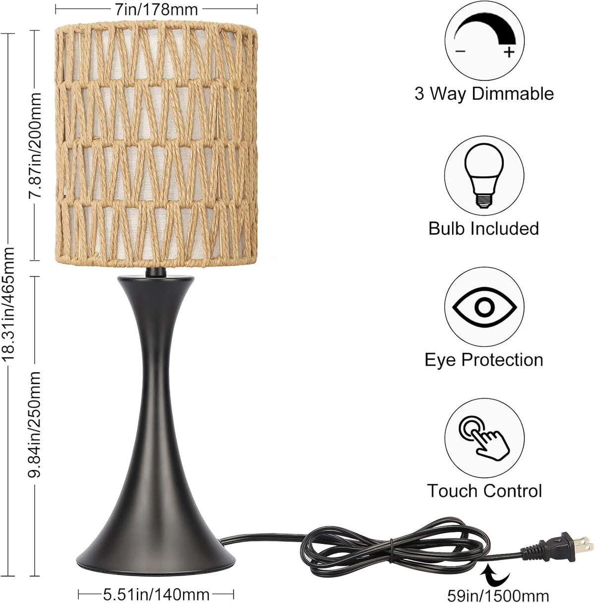 Rattan Table Lamp, 3 Way Touch Control Bedside Lamp with Dual-Layer Shade