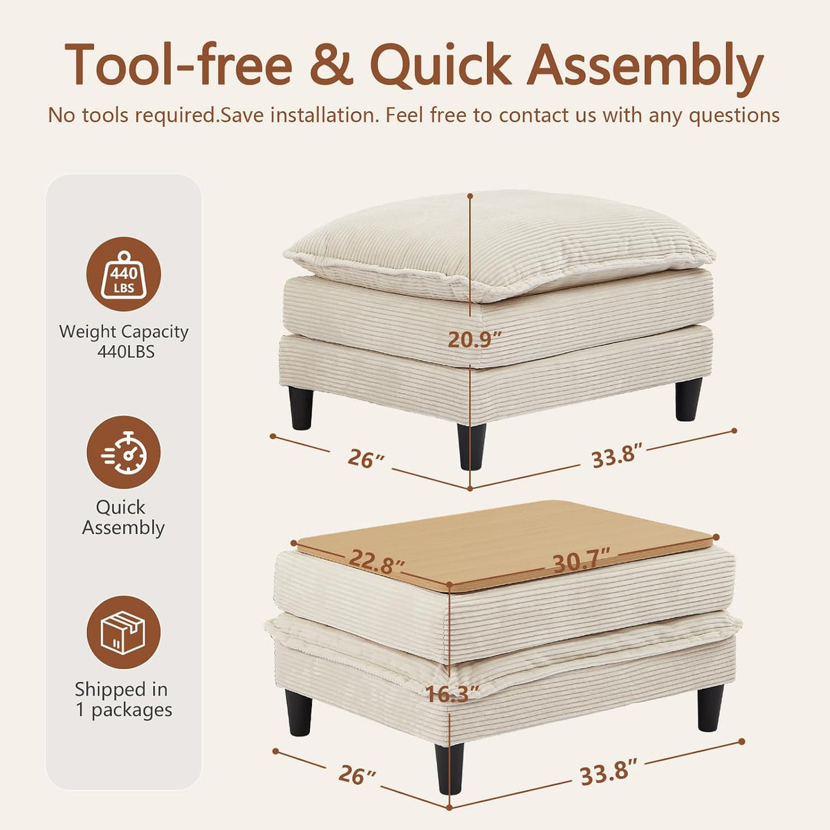 Corduroy Storage Ottoman Coffee Table for Modular Sectional Couch, Corduroy Footrest Extension with Hidden Storage, Modern Soft Cushioned Stool for Living Room, Cream