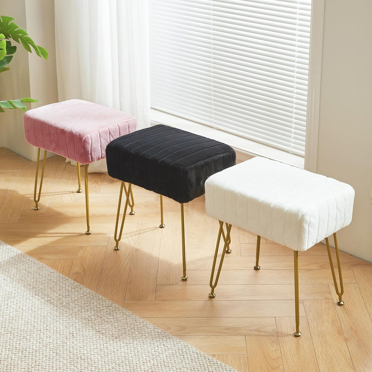 IBUYKE Makeup Vanity Stool, Velvet Rectangular Footrest, Pink LG-51P