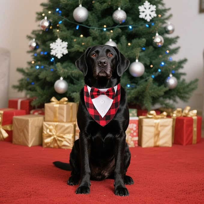 ADOGGYGO Christmas Dog Tuxedo Bandana, Red Plaid Xmas Pet Bowtie Collar, Adjustable Christmas Costumes for Large Dogs (L)
