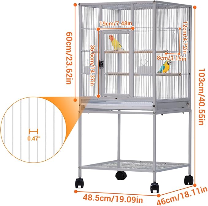 52'' Wrought Iron Birdcage with Detachable Rolling Stand & Feeder, Large Bird Cage with Secure Lock & Slide-Out Tray, Indoor Outdoor Bird Cage on Wheels,Parrot Cages for Parakeets, Pigeons, White