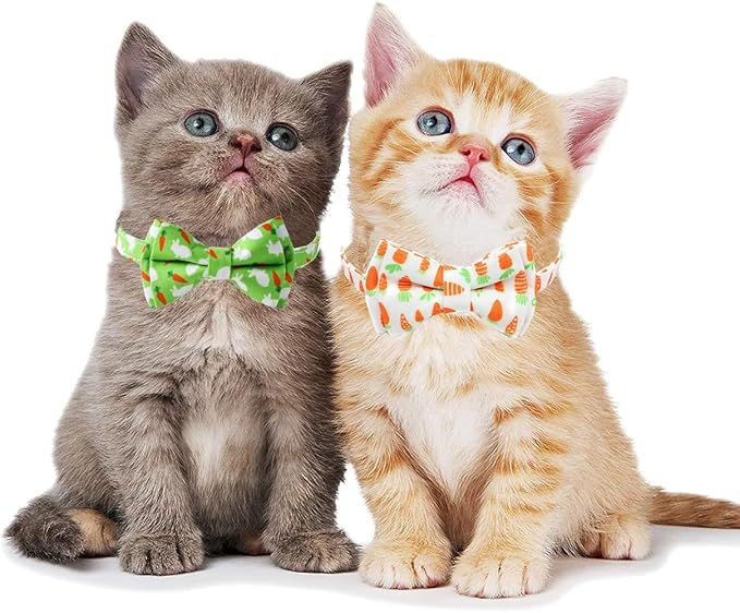 2-Pack Breakaway Cat Collars with Removable Double-Layer Bow Tie and Bell for Boy and Girl Cats,Safety Kitten Collars Suitable for Festivals and Daily. (Easter cat Collar style1)