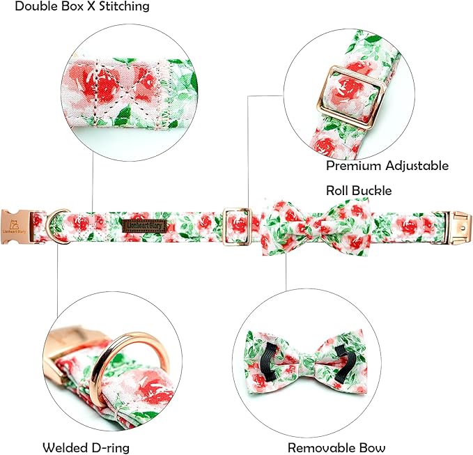 Lionheart glory Dog Collar Bow Collar Floral Dog Collar with Bow Tie Spring Summer Cute Collar Dog Boy or Girl Dog Collars Soft Durable Adjustable Dog Collars for Small Dogs