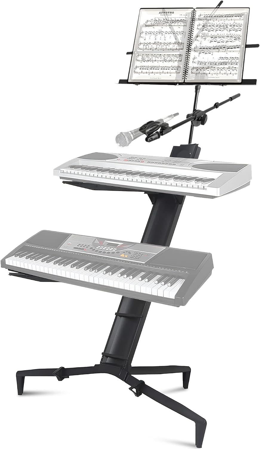 AKOZLIN Aluminum Alloy Keyboard Stand Spider 61 76 88 Keys Holder 2 Tier With Detachable Music and Microphone Rack(Black)