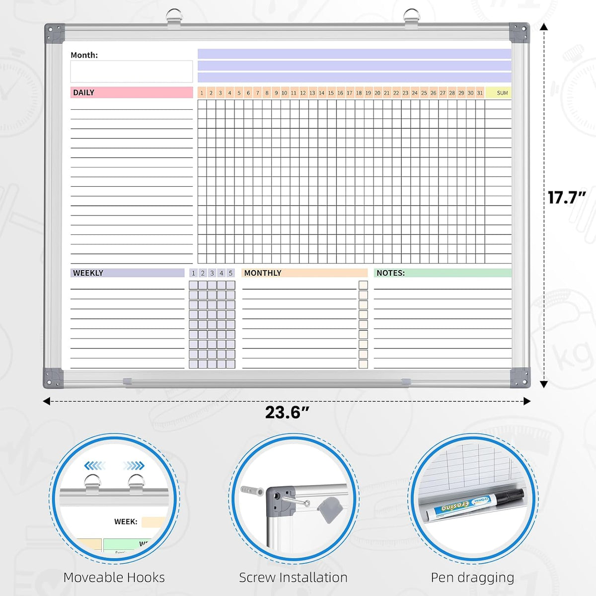 Habit Tracker Dry Erase Whiteboard with Silver Aluminium Frame for Wall 24" x 18"Hanging Removable Daily Weekly and Monthly Goal and Habit Tracker Motivational Goal & Planner Journal