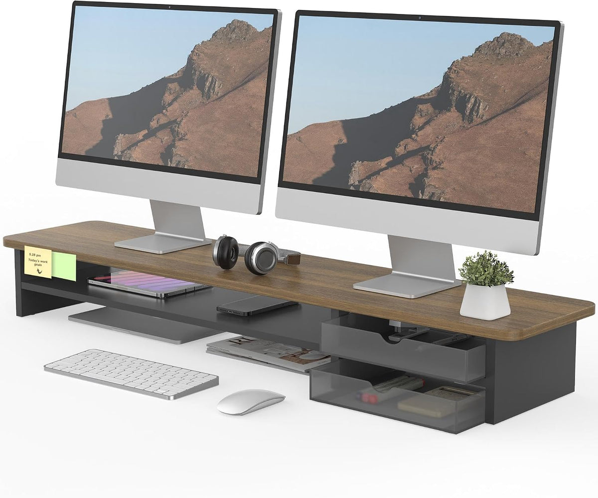 Fenge Monitor Stand, Desk Computer Riser with Frosted Storage Drawer, Brown