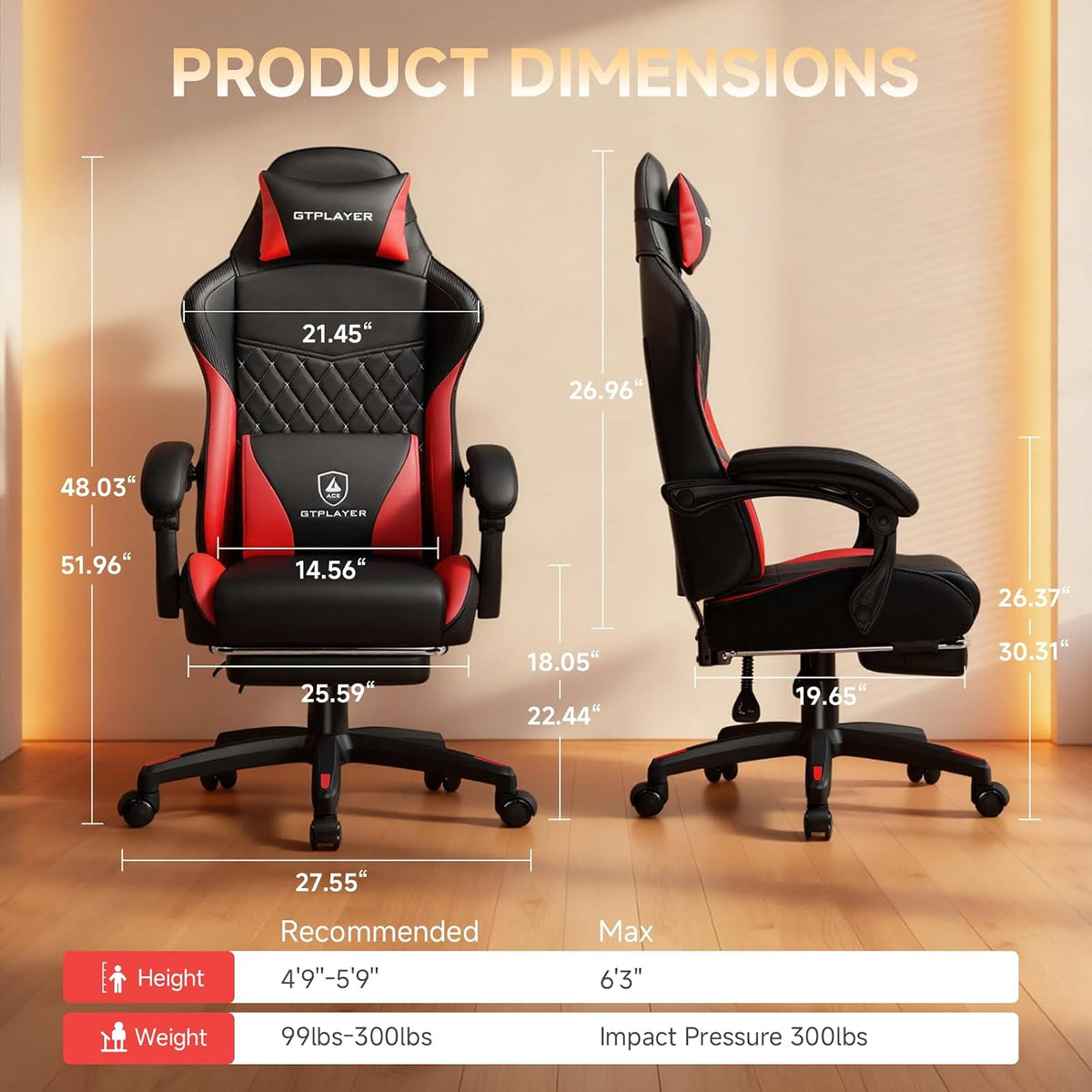 GTPLAYER Gaming Chair, High Back Leather Computer Gaming Chair with Footrest, Ergonomic Height Adjustable Office Chair with Removable Cover and Lumbar Support for Gaming & Work,RED