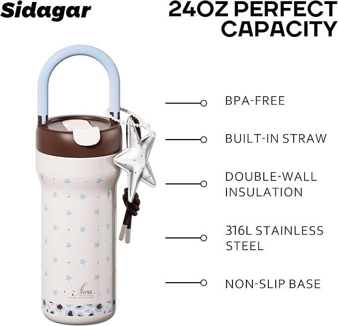 24 oz Insulated Tumbler Ceramic Stainless Steel Water Bottle, Leak Proof