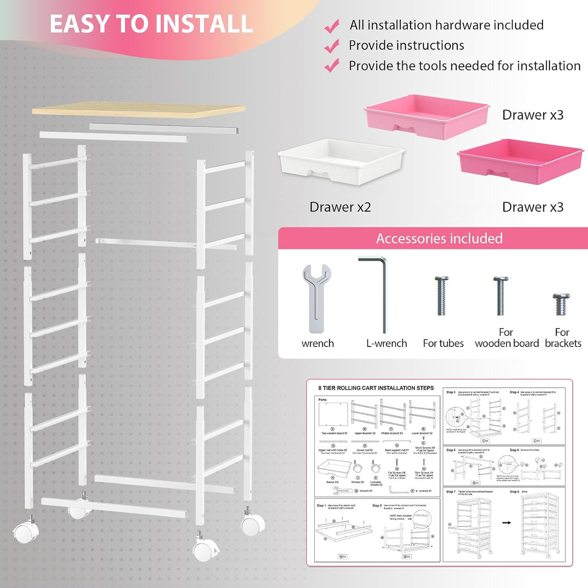 Goovilla Rolling Cart with 8 Drawers for Art, Dorm, Office, Craft, Pink