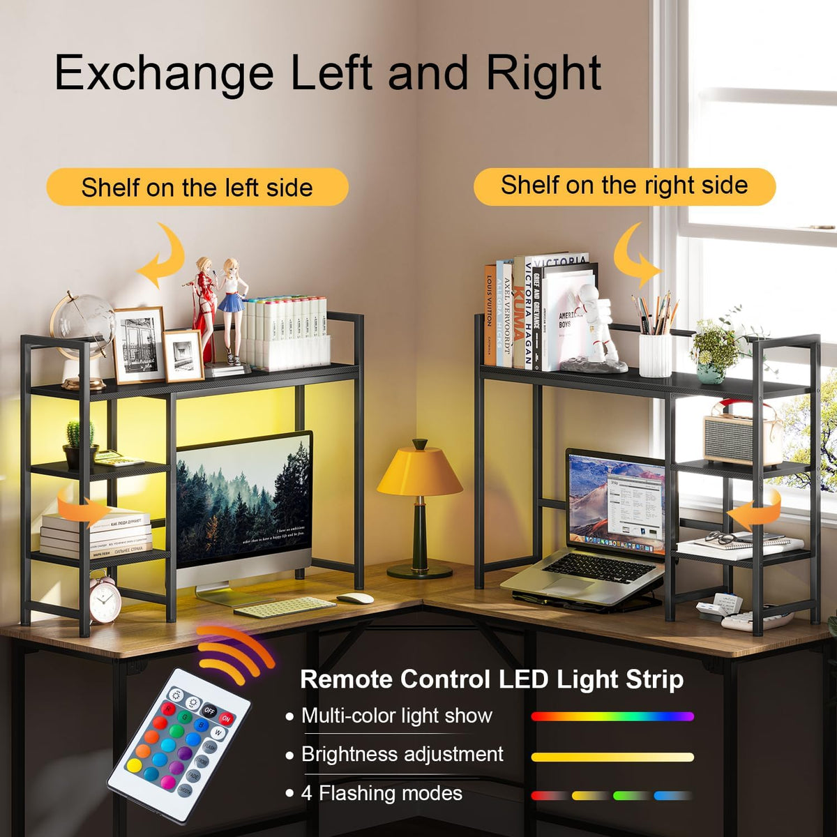 Snughome Desk Shelf with LED Strip, 38.6" Desktop Organizer Shelf, Desk Hutch for Computer Monitor, 4 Tier Desk Display Rack, Wood Desktop Bookshelf Storage Rack for Home Office Dorm