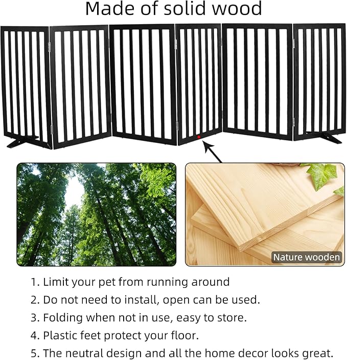 Dog Gate Indoor, Freestanding Dog Fence for The House, Doorways, Hallways,or Stairs,Pet Gate Foldable Wooden,Expandable 32" Height 6 Panels,Black